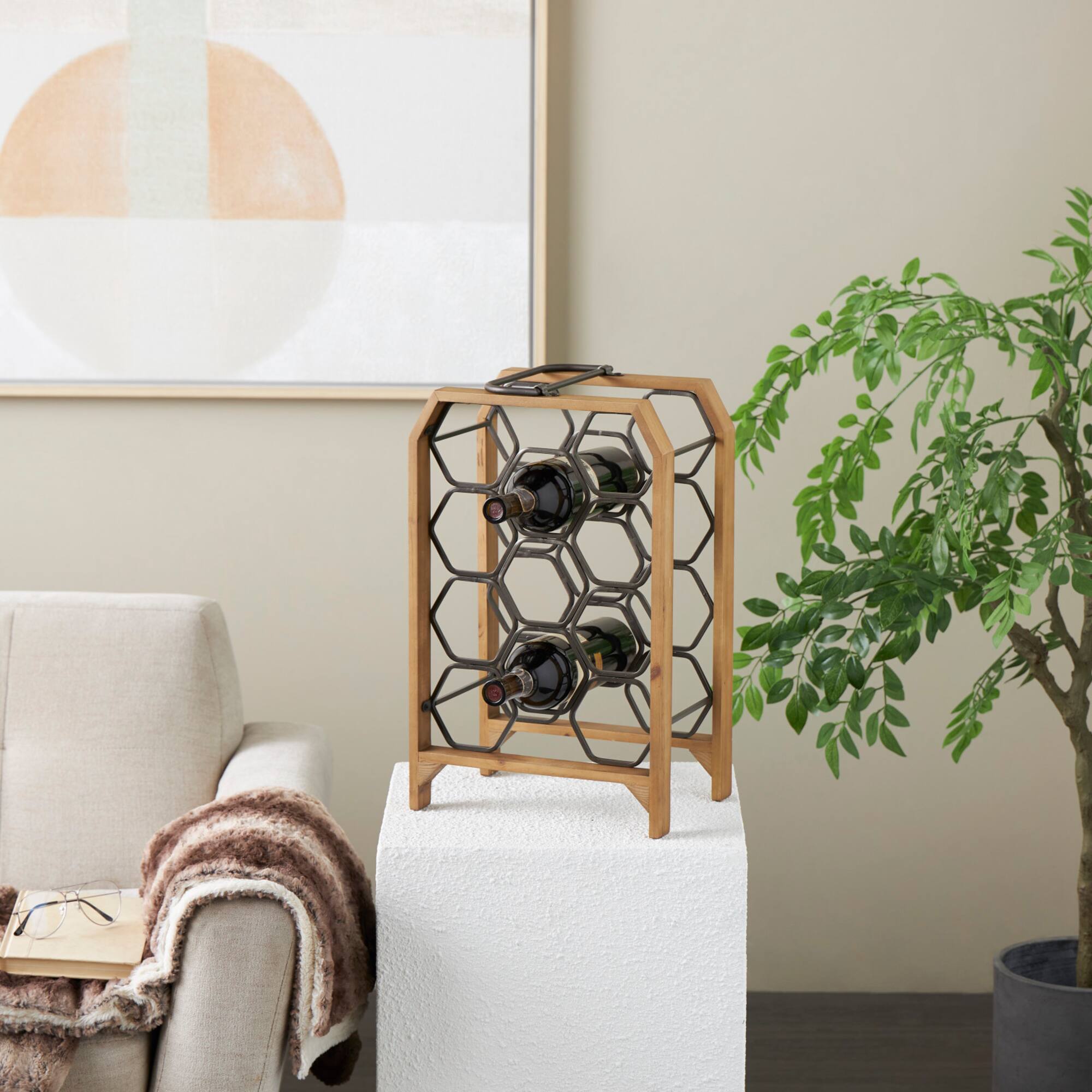 12" x 9" x 20" Brown Geometric 11 Slot Wooden Wine Rack with Gray Metal Curved Teardrop Holders